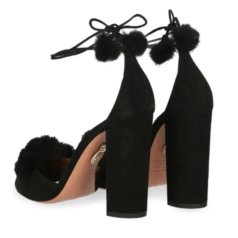 Aquazzura | Black Suede Wild Russian D'Orsay Pom Pom Ankle Wrap Pumps Size 37